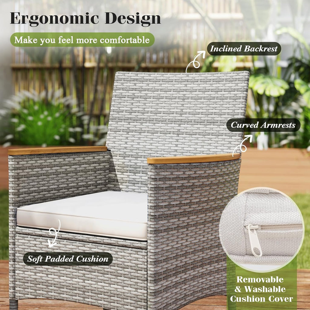 Tangkula 9 Pieces Patio PE Wicker Dining Set, Outdoor Acacia Wood Table and Chairs for 8 with Cushions and 2" Umbrella Hole, Outdoor Dining Furniture Set for Deck, Garden and Yard (Mix Grey+White)