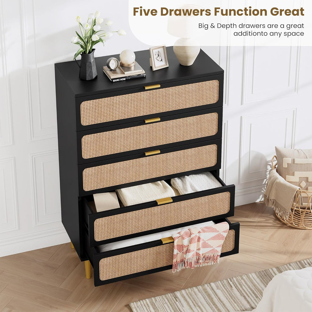 Garvee Rattan Dresser with 5 Drawers, Tall Modern Closet with Deep Storage, Large Chest of Drawers with Wide Top, Long Wooden Dresser for Bedroom, Living Room, Hallway, Kids Room, Black