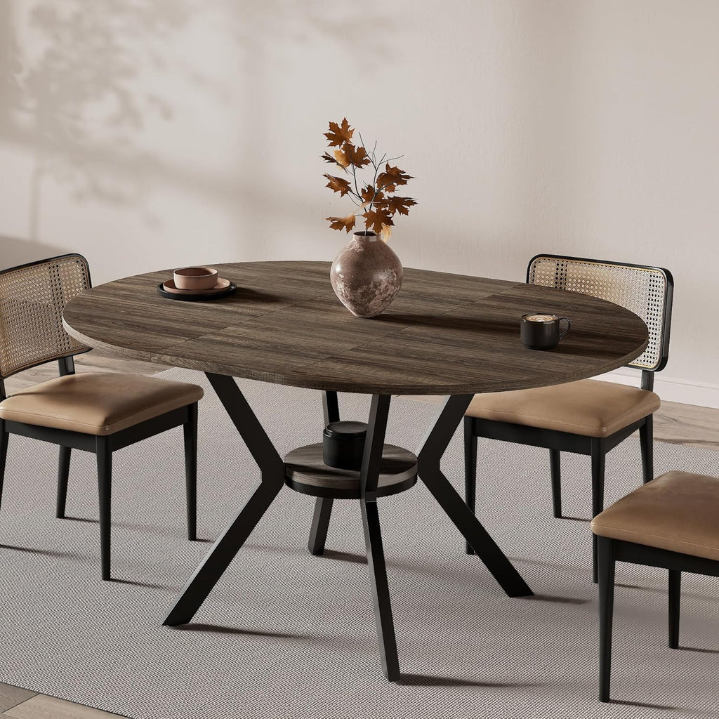 42"-58" Extendable Round Dining Table for 4-6, Kitchen Oval Table with Hidden Leaves & Storage Shelf, Space Saving Modern Design with Sturdy Metal Legs for Kitchen, Dining Room & Small Apartments