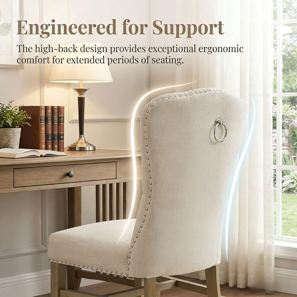 Tufted High Back Dining Chairs Set of 6, Linen Upholstered Farmhouse Kitchen Chairs, French Country Armless Wooden Side Chairs with Nailhead Trim for Dining/Kitchen/Living Room, Beige
