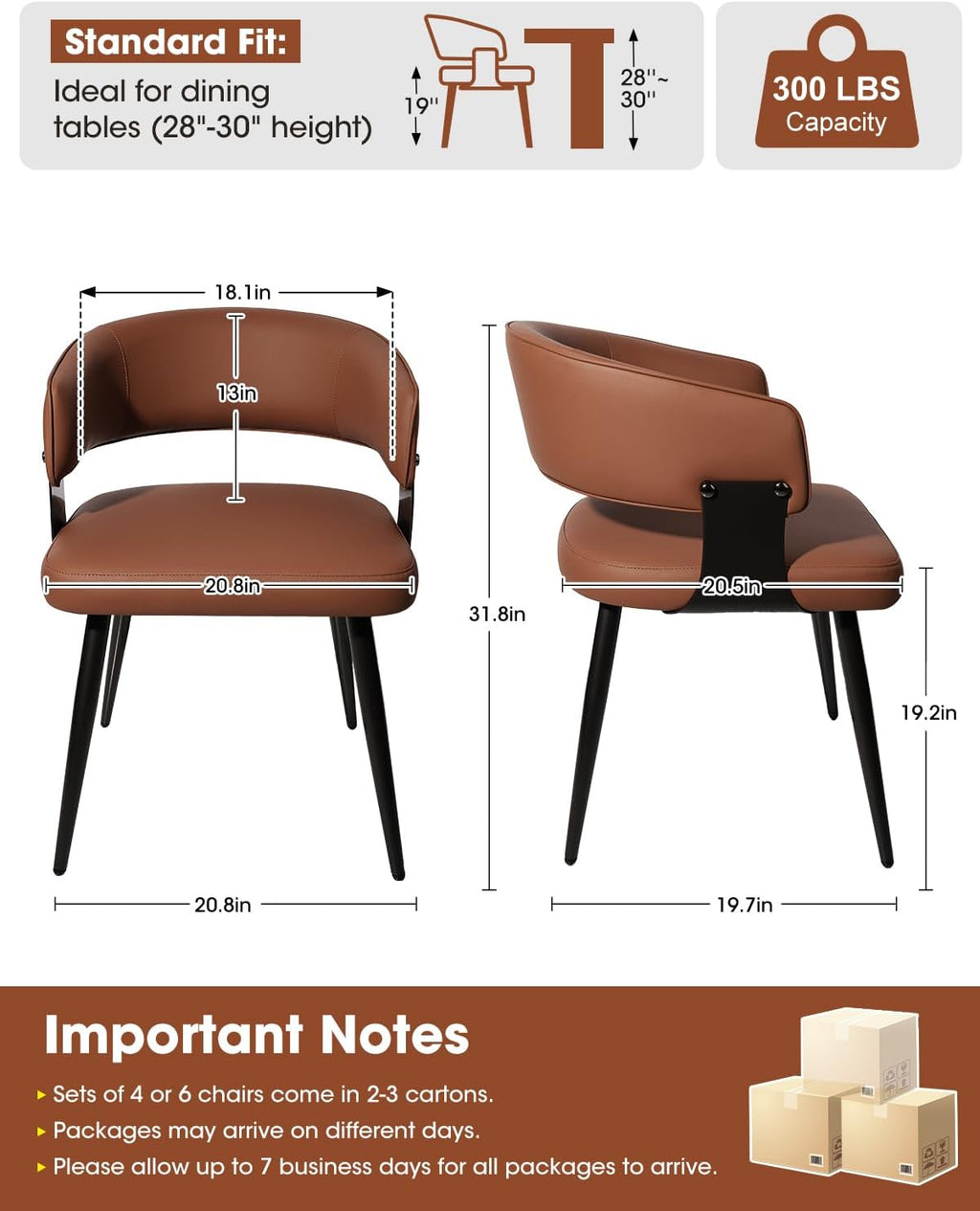 Dining Chairs Set of 4, Modern Upholstered PU Leather Kitchen & Dining Room Chairs with Curved Open Back Metal Legs, Kitchen Chairs for Dining Room Restaurant (Brown, Set of 4)