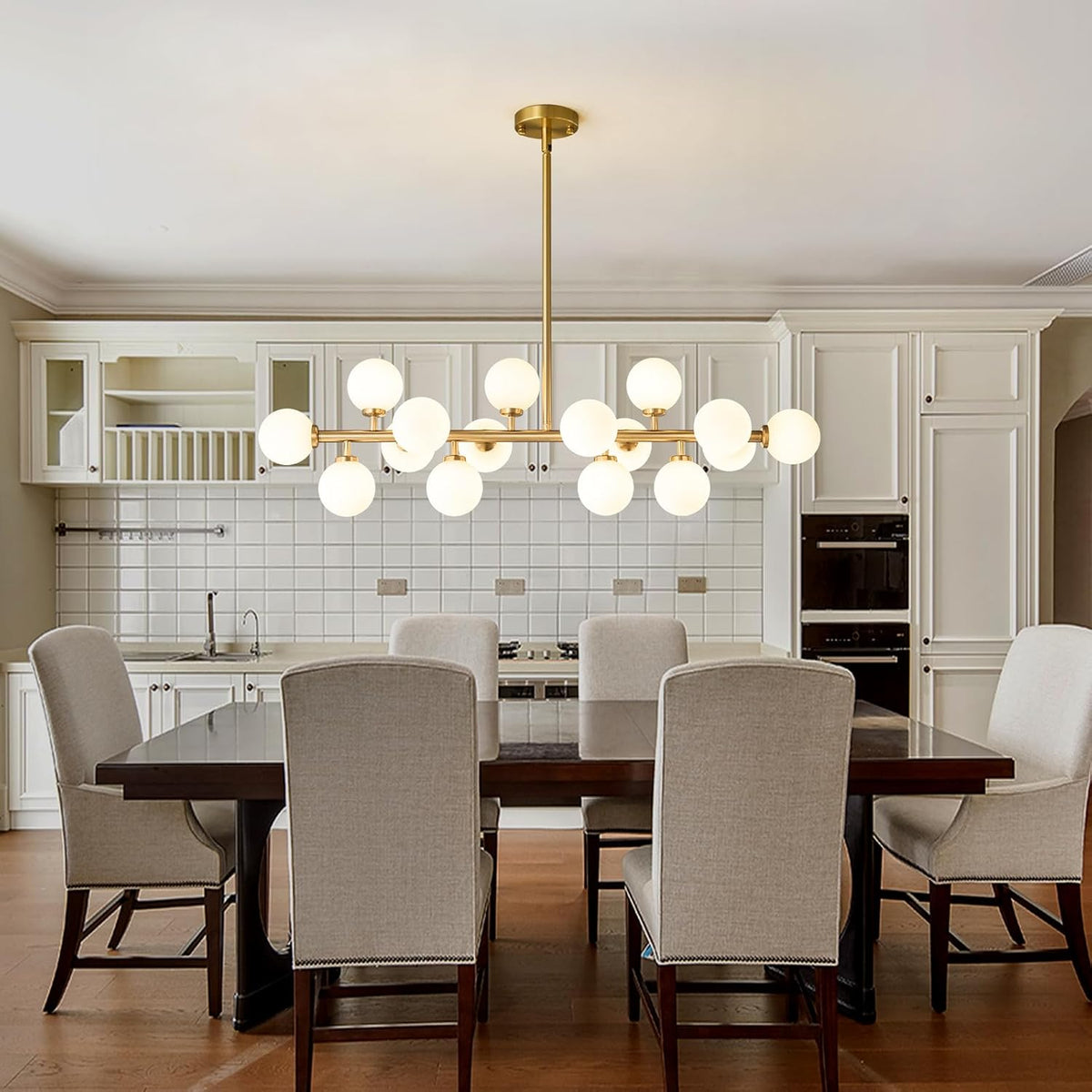 Mid Century Modern Sputnik Chandelier: 16-Light Globe Chandeliers over Table - White Glass Linear Chandelier Dining Room Light Fixture - Gold Brass Modern Chandeliers for Living Room Kitchen Island
