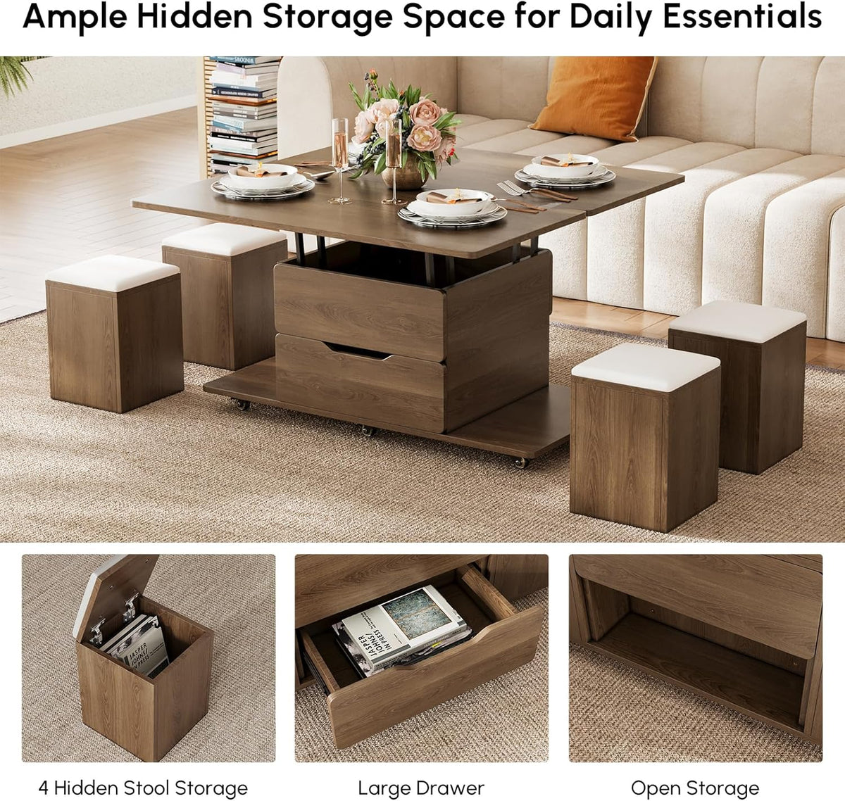 homary Lift-Top Coffee Table with Hidden Storage, 3-in-1 Modern Folding Center Table with 4 Stools, Casters, and Lockable Wheels – Convertible Dining & Office Table for Living Room (Walnut)