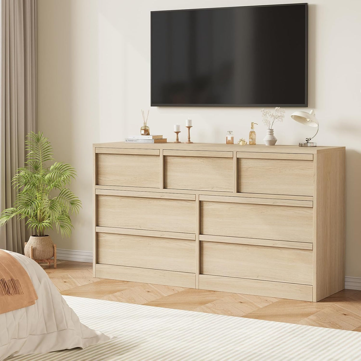 GarveeHome 7 Drawer Dresser for Bedroom, 54in Wide Natural Oak 7 Chest of Drawers with Large Storage, Wooden Dresser Organizer for Living Room, Nursery, Entryway