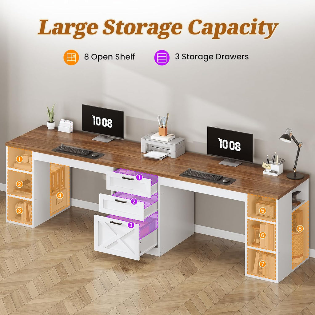 SEDETA Farmhouse 96.5" Computer Desk with Drawers, 2 Person Home Office Desk, Gaming Double Desk with Storage Shelves, Long Two Person Writing Desk (White and Brown)