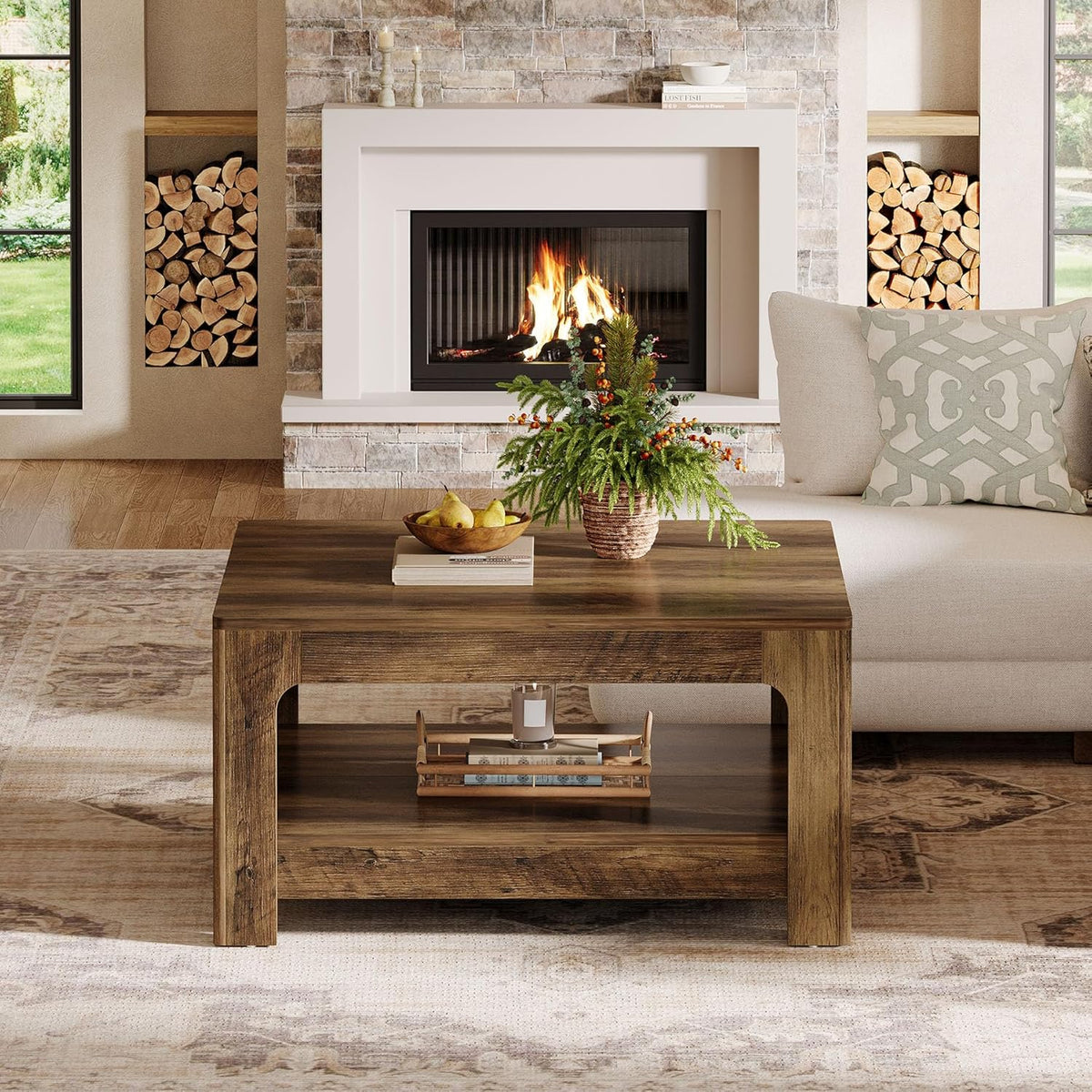 Tribesigns Square Coffee Table with Storage, 39.4-Inch Large Farmhouse Wooden Center Tea Accent Table for Living Room, Rustic Brown