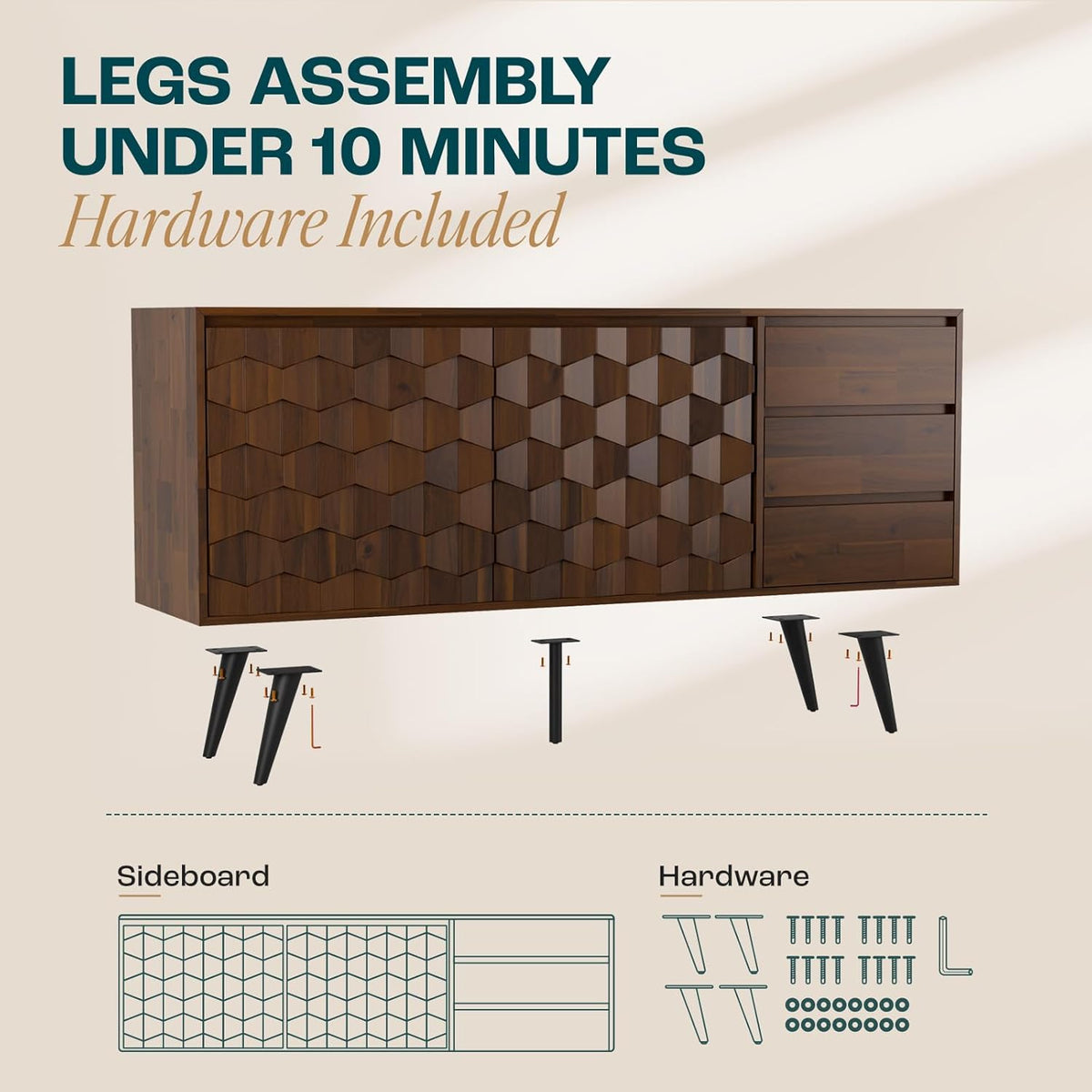Bme Sideboard Georgina Solid Wood 2 Doors & 3 Drawers, 61'' Mid Century Modern Cabinet with Geometric Pattern for Kitchen, Dining, Living Room