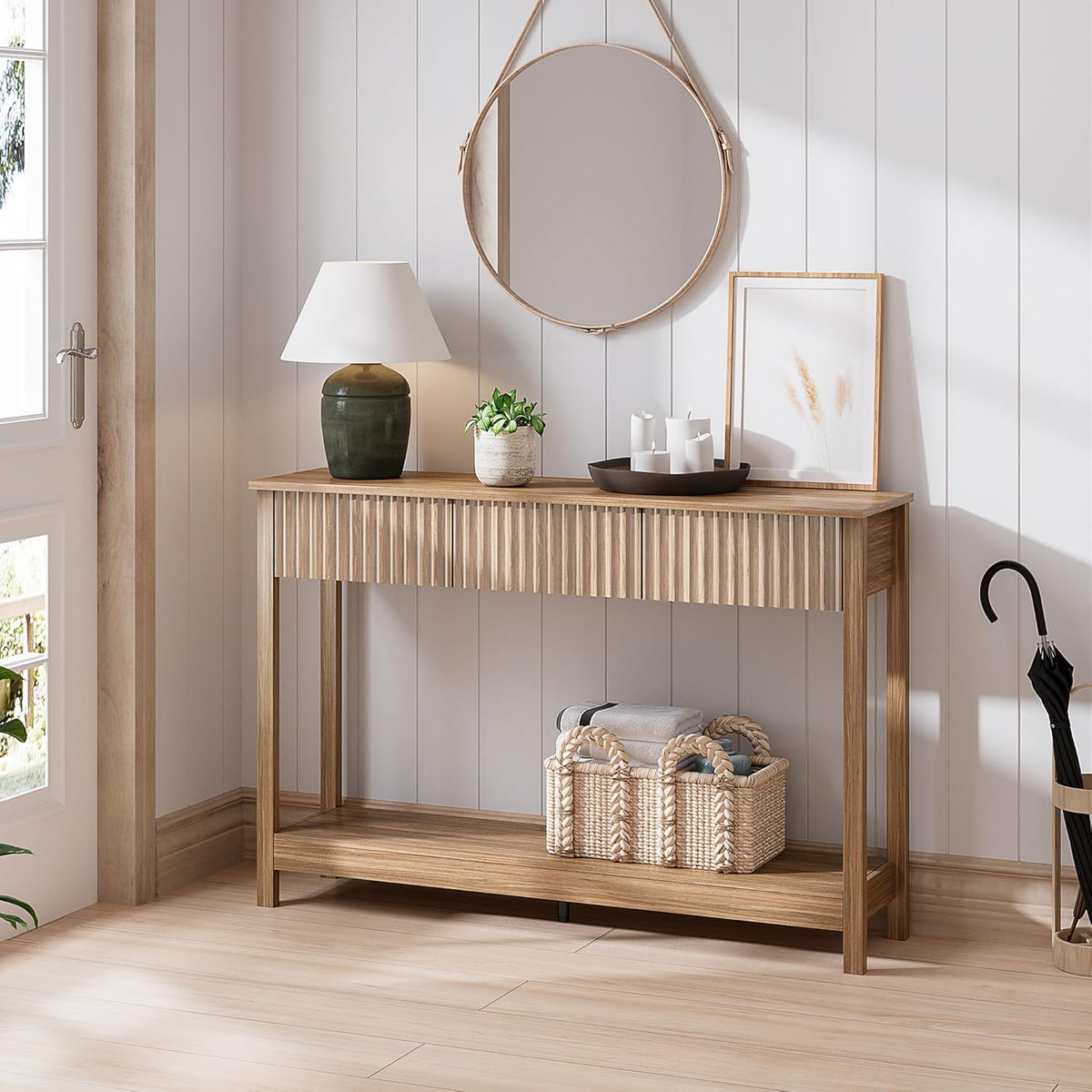 Treocho 47" Console Table with Drawers, Fluted Narrow Entryway Table with Open Shelf, Farmhouse Sofa Table Behind Couch for Hallway, Living Room, Brown