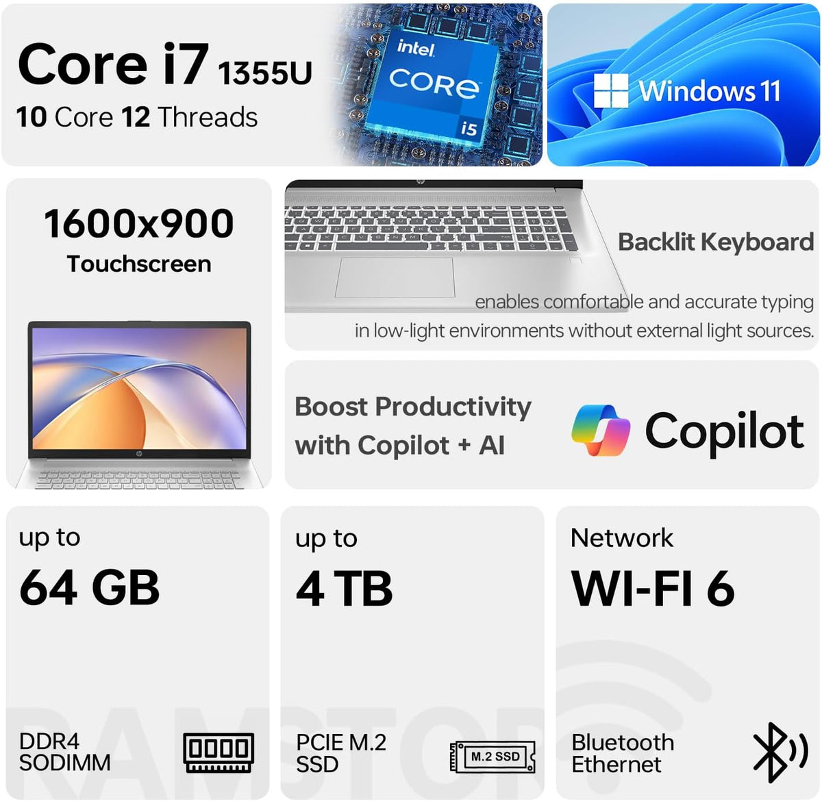 HP 17 Laptop, 17.3" HD+ Touchscreen, Intel Core i7-1255U Processor, 32GB RAM, 1TB SSD, Webcam, HDMI, Backlit Keyboard, Wi-Fi, Windows 11 Home, Silver