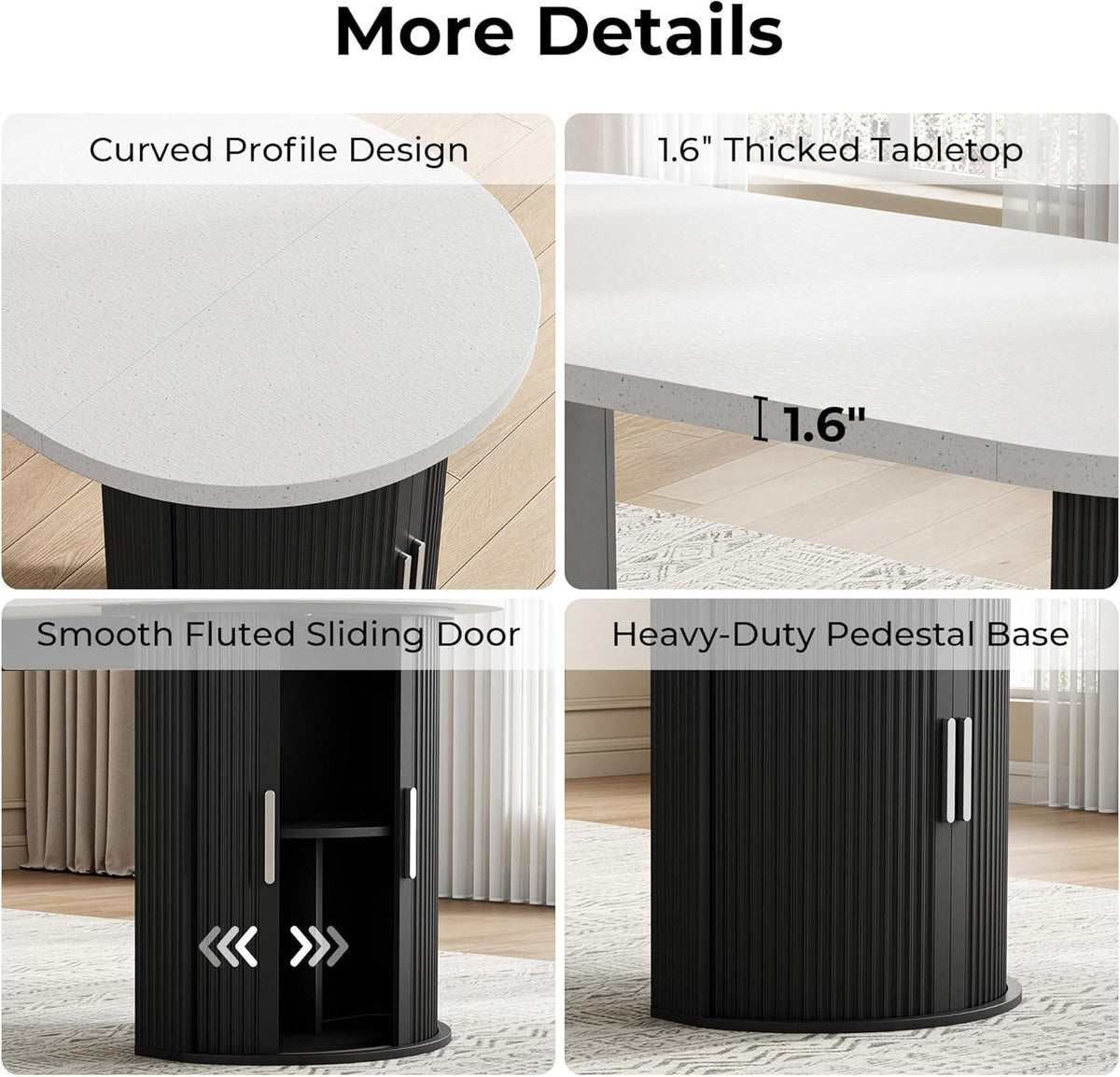 IRONCK 71" Oval Dining Table for 4-8, Modern Farmhouse Dining Table with Hidden Storage & Fluted Base, 1.6" Thick Faux Quartz Top, Dinner Table for Dining Room Kitchen Home Office, Black