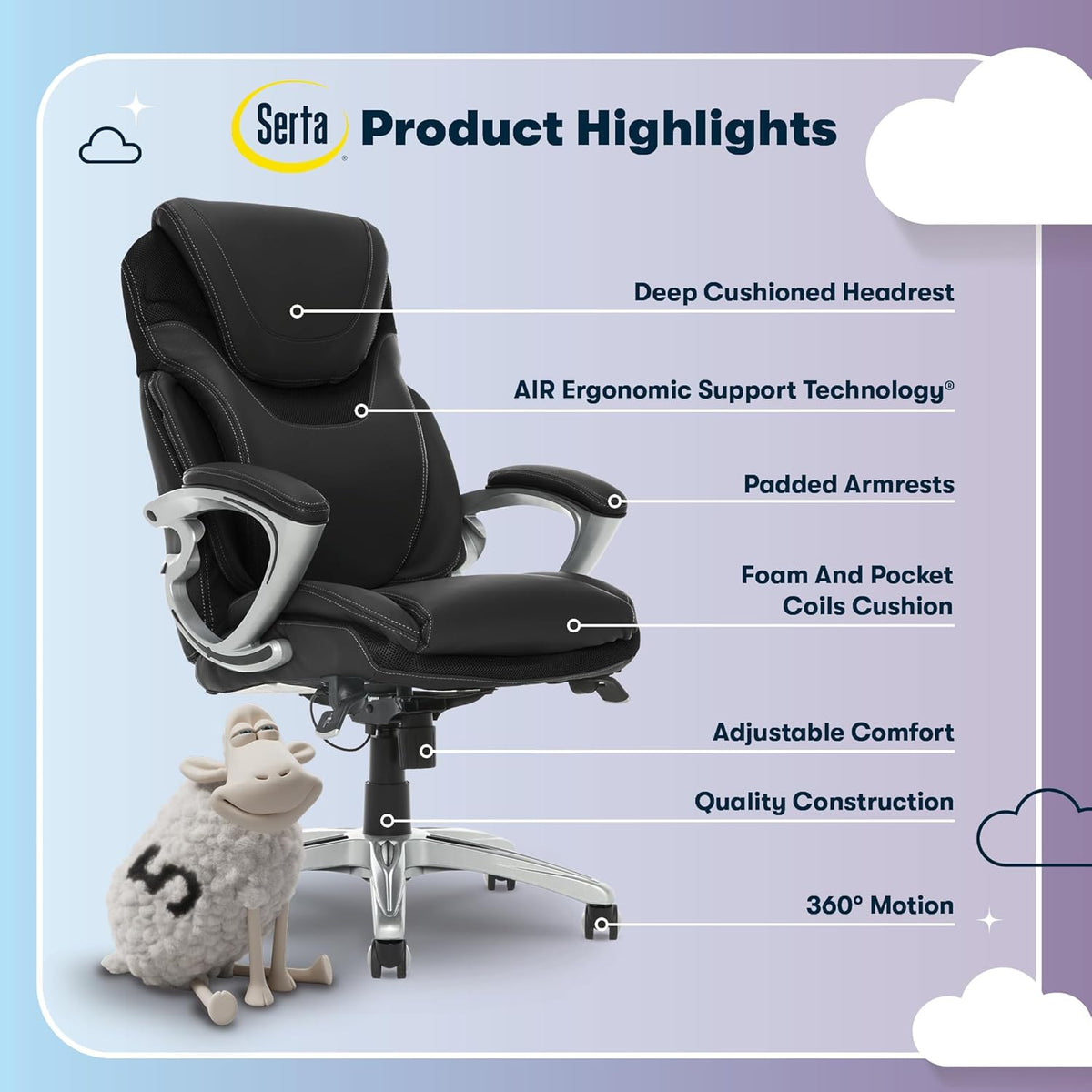 Serta Bryce Executive Office Chair - Ergonomic Computer DeskChair with Lumbar Technology - Adjustable Height - Memory Foam Body Pillows - 360° Swivel Rolling Base - Bonded Leather - Black