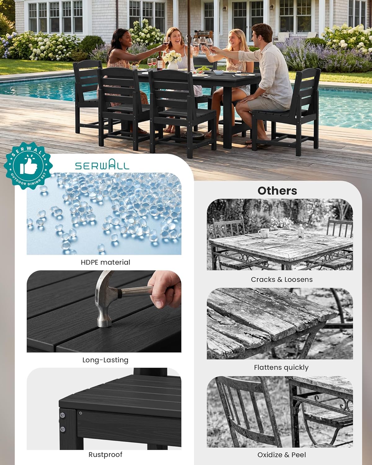 SERWALL Patio Dining Sets for 6 Person, HDPE Dining Set with 6 Armless Chairs, Black