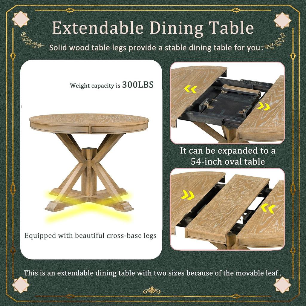 Bellemave Extendable Dining Table Set for 4, 5-Piece Round Table Set with 4 Chairs, Circle Table with Upholstered Chairs, Oval Kitchen Table Set with Extendable Table (Natural Wood Wash)