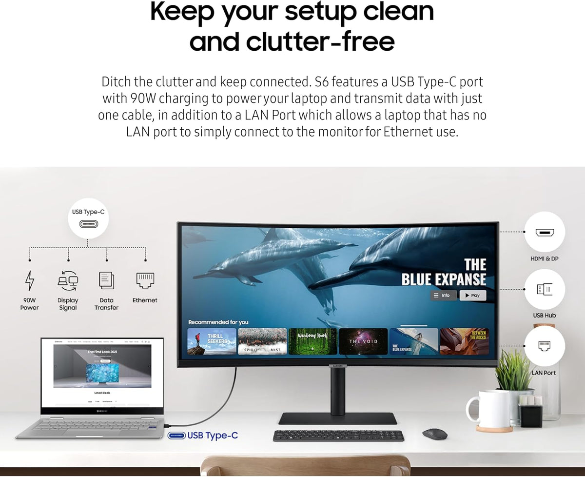 SAMSUNG Viewfinity S65UA Series 34-Inch Ultrawide QHD Curved Monitor, 100Hz, USB-C, HDR10 (1 Billion Colors), Height Adjustable Stand, TUV-certified Intelligent Eye Care (LS34A654UBNXGO),Black