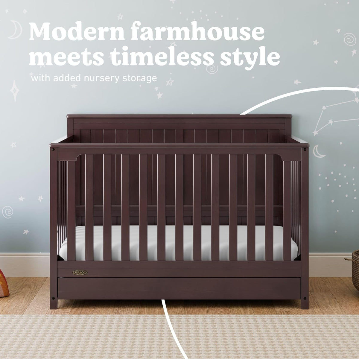 Graco Hadley 5-in-1 Convertible Crib with Drawer – GREENGUARD Gold Certified, Fits Standard Crib Mattress, Converts to Toddler Bed, Daybed and Full Bed, 4 Adjustable Mattress Heights (Espresso)