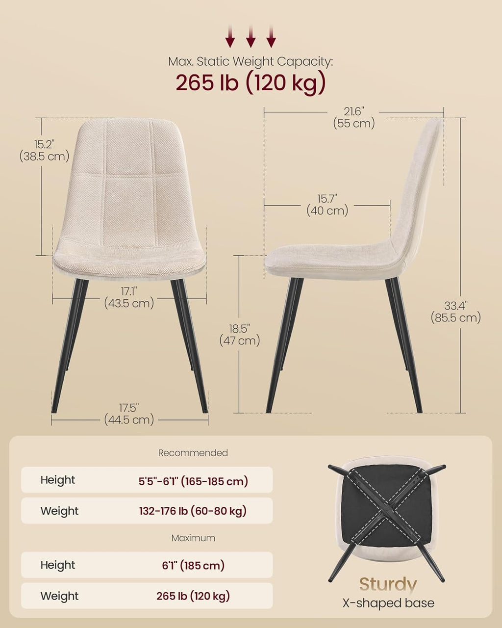 VASAGLE Dining Chairs, Set of 4 Dining Room Chairs, Metal Frame, Adjustable Feet, Easy to Clean, Chenille Fabric, Glacier-Textured Synthetic Leather, for Kitchen, Cream White UKDC188W01
