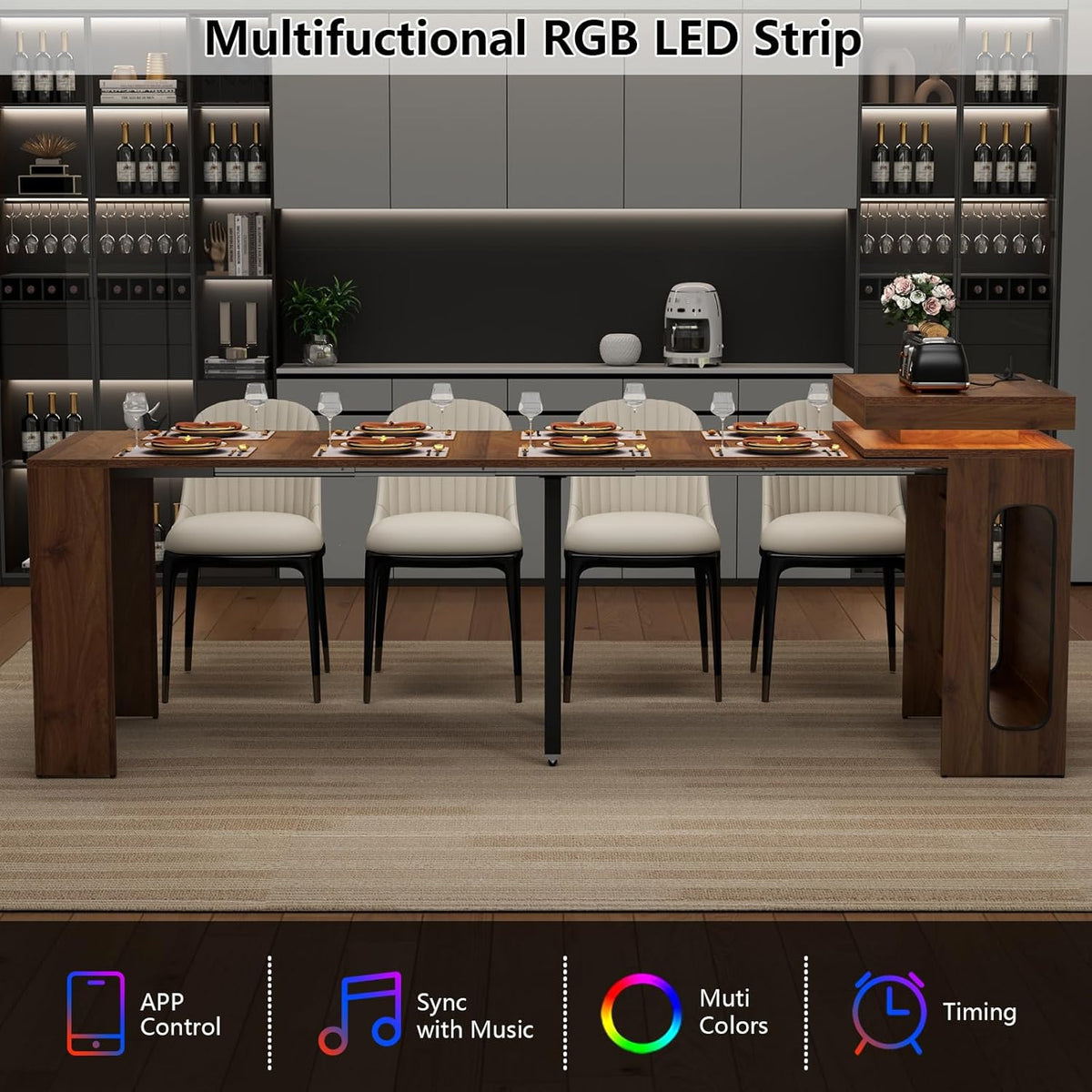 Extendable Dining Table with Charging Station, Convertible Folding Console Table for 6-8 People, Space-Saving Dining Table with LED Lights, Wood Rectangle Kitchen Table for Homes, Walnut (No Chairs)