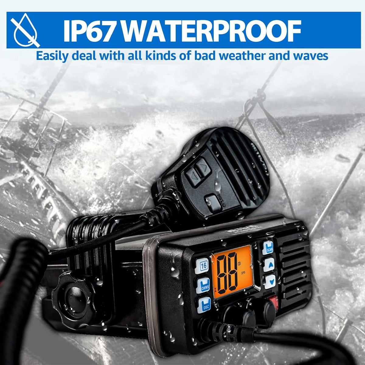 Retevis RM20 Marine VHF Radios Fixed Mount, Marine Band Radio with Built in GPS, DSC, IP67 Waterproof, High Power, NOAA Weather, International Channels, Ship to Shore Radio for Boats(Black)