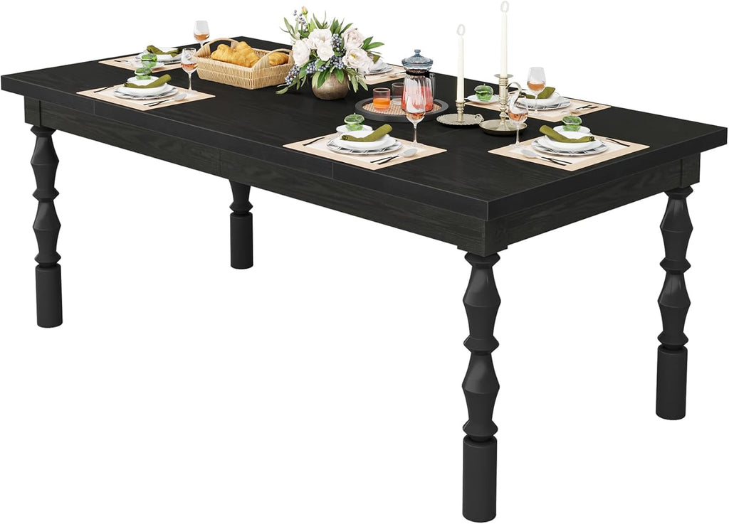 Tribesigns Wood Black Dining Table for 4-6 People, 62” Farmhouse Large Rectangle Kitchen Table, Modern Dinner Table Kitchen & Dining Room Furniture with Carved Turned Legs