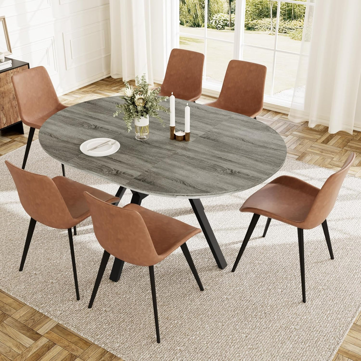 HIPIHOM Extendable Round Dining Table Set for 6 People, 43.3"-59.1" Extendable Kitchen Table with 6 Upholstered Chairs, Space Saving for Kitchen Dining Room (Grey Table+6 Brown Chairs)