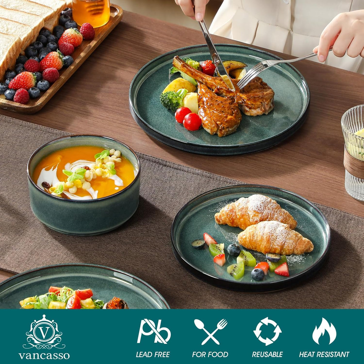vancasso Starry Plates and Bowls Sets for 8, 24 Pieces Green Dinnerware Sets for Kitchen, Modern Stoneware Dishes Set, Dishwasher and Microwave Safe