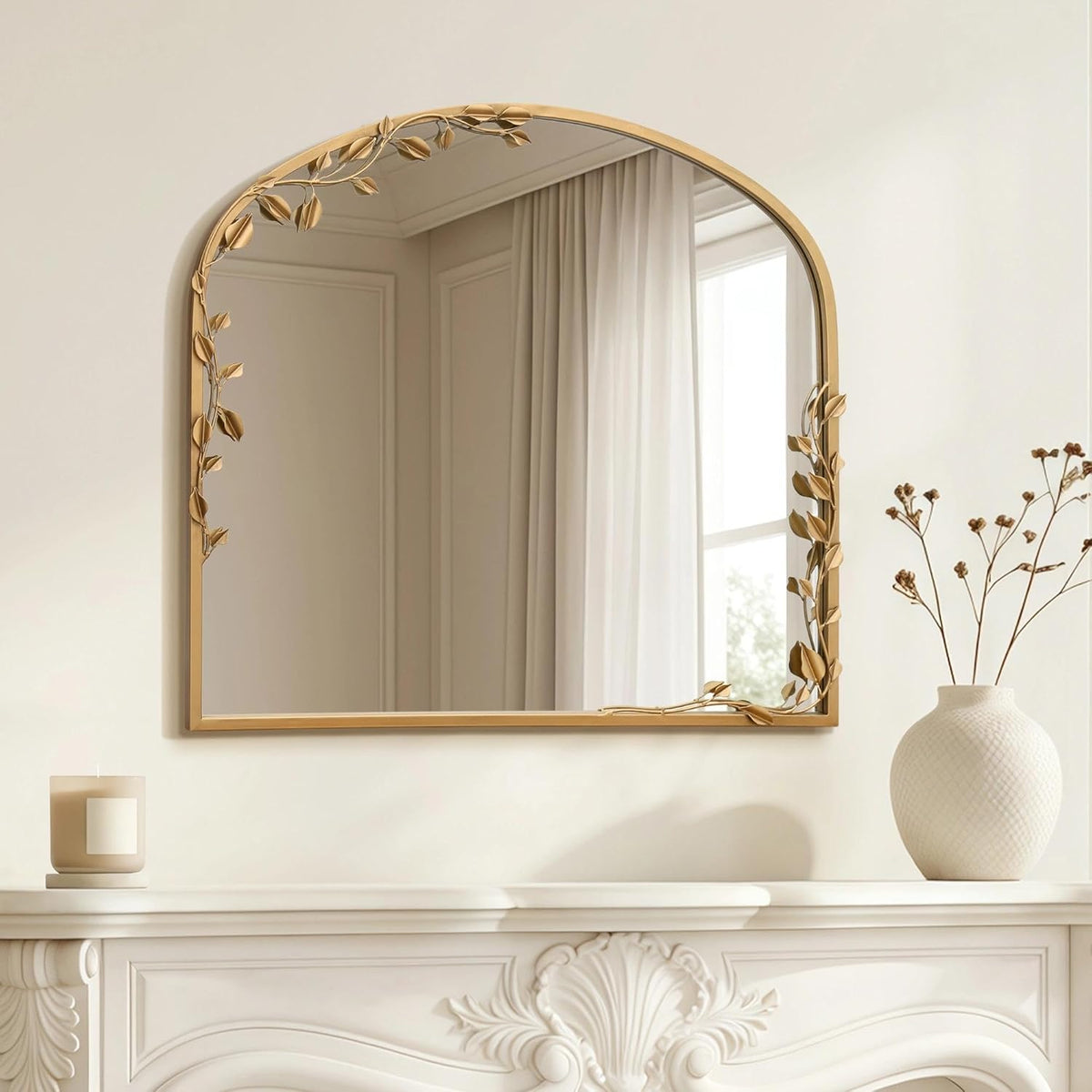 Besdomus Arched Wall Decorative Mirror: 32"x30" Ornate Brass Gold Wall Mirror - Arch Metal Framed with Vine Decorative - Modern Farmhouse for Bathroom/Fireplace/Entryway/Living Room