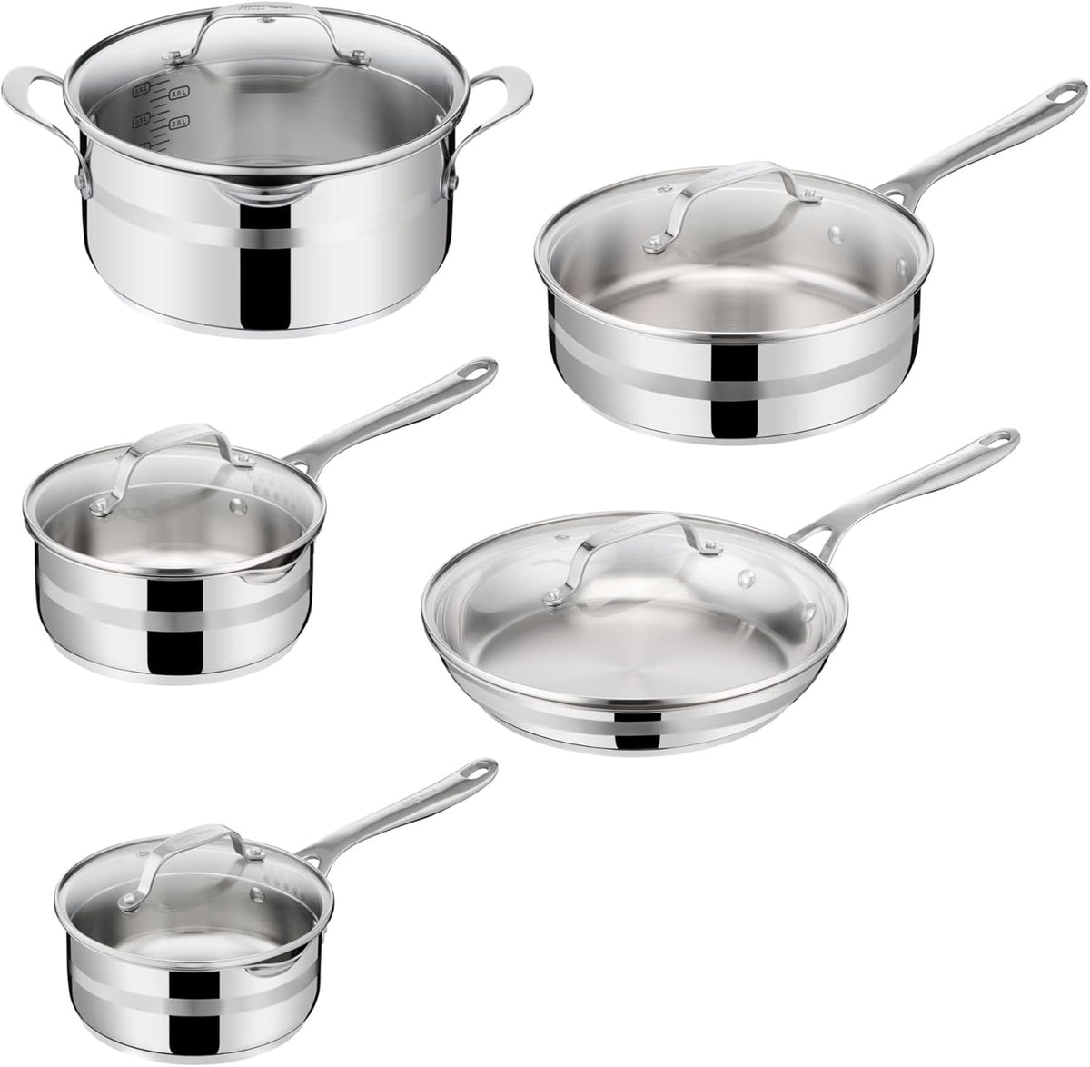 Jamie Oliver by T-fal Cook Smart 10-Piece Cookware Set, Uncoated Stainless Steel, Robust, Fast Heating, Even Cooking, Riveted Handle, Induction safe, Oven and dishwasher safe