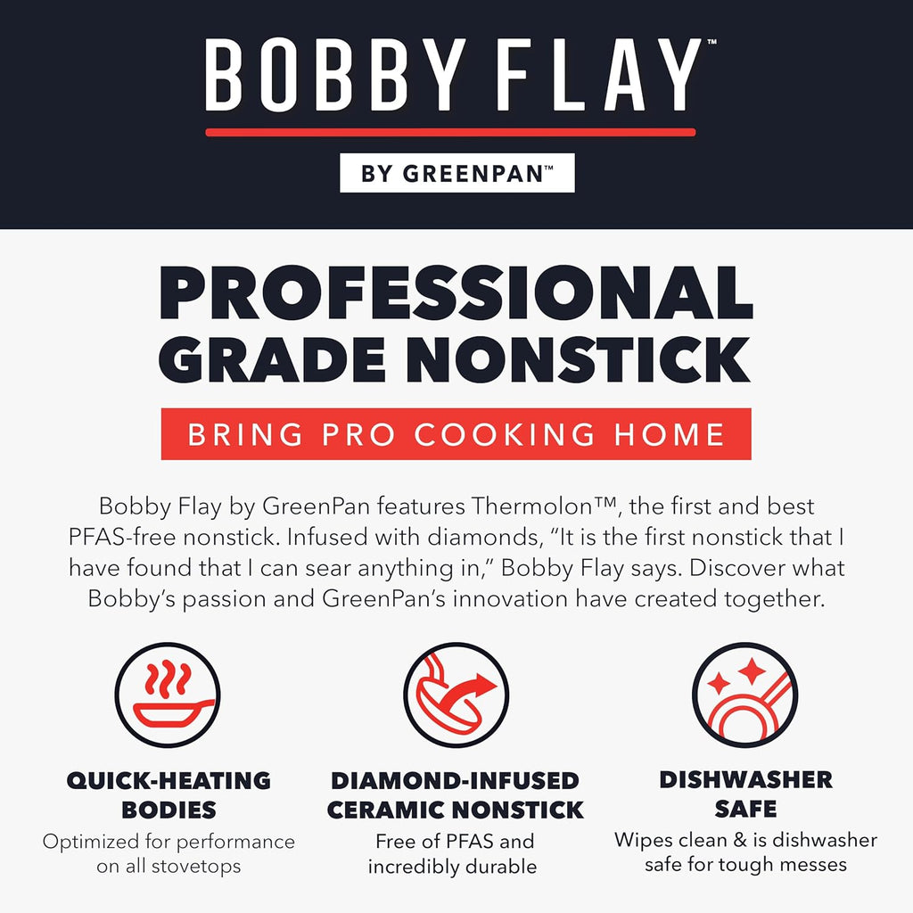 GreenPan x Bobby Flay 13 Piece Nonstick Cookware Pots and Pans Set, PFAS-Free Diamond Ceramic, Induction Suitable, Easy Clean Dishwasher & Oven Safe, Stay-Cool Silicone Handles, Glass Lids, Black