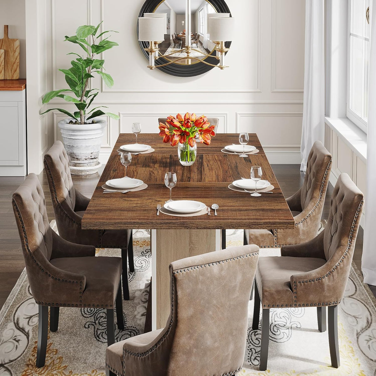 Tribesigns 55" Rectangular Dining Table for 4 to 6 People, Farmhouse Wood Dinner Table for Kitchen, Dining Room & Living Room, Oak Brown & White