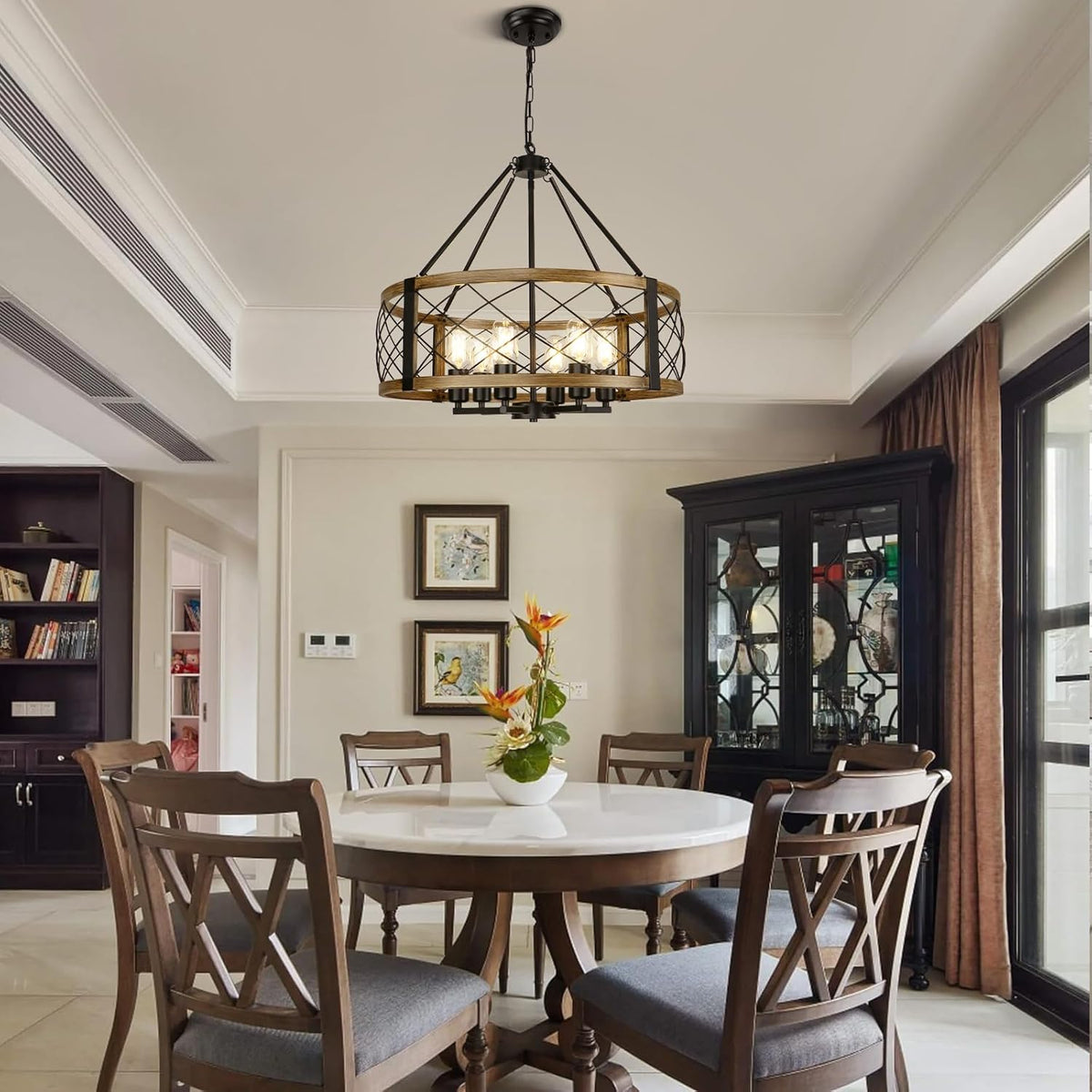 Modern Chandelier for Dining Room, 6-Light Wood Grain Finish Farmhouse Chandelier, 22.5” Rustic Drum Hanging Light Kitchen Island, Round Metal Hanging Light Fixture for Foyer, Entryway, Bedroom