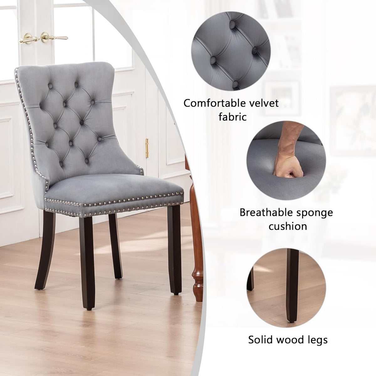 Hixkol Velvet Dining Chairs Set of 4,Upholstered Dining Chairs with Ring Pull Trim and Button Back,Modern Seating for Kitchen, Bedroom & Living Room(Grey)