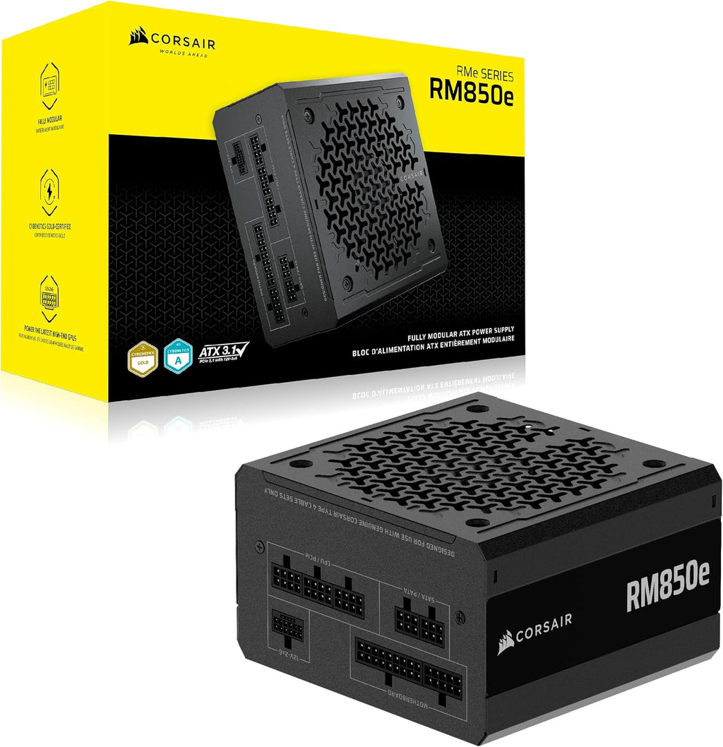 CORSAIR RM850e ATX 3.1 PCIe 5.1 Ready Fully Modular 850W Power Supply – 12V-2x6 Cable Included, Cybenetics Gold Efficiency, 105°C-Rated Capacitors, Modern Standby Mode – Black