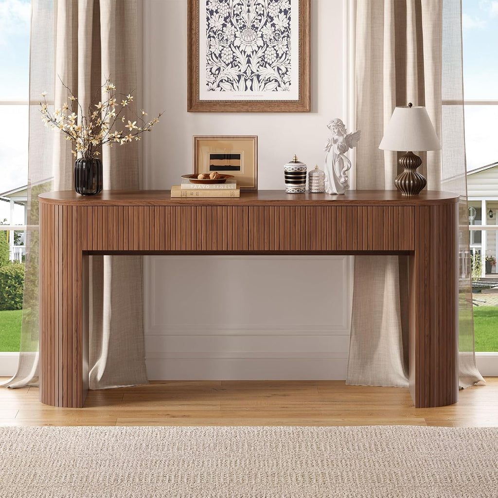 63 Inch Console Table with 2 Drawers, Fluted Entryway Tables with Storage, Sofa Table Behind The Couch, Hallway Tables, Mid-Century Modern Foyer Table for Entryway, Hallway, Living Room, Walnut