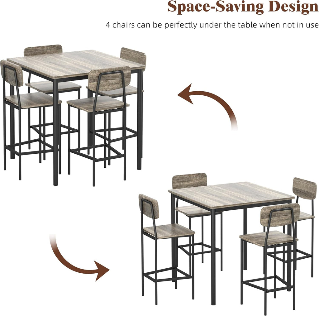 Kitchen Table and Chairs of 4, 5 Piece Dining Table Set, Sturdy Industrial Space Saving Dinette Set for Pub, Family Dinners, Apartment, Gray