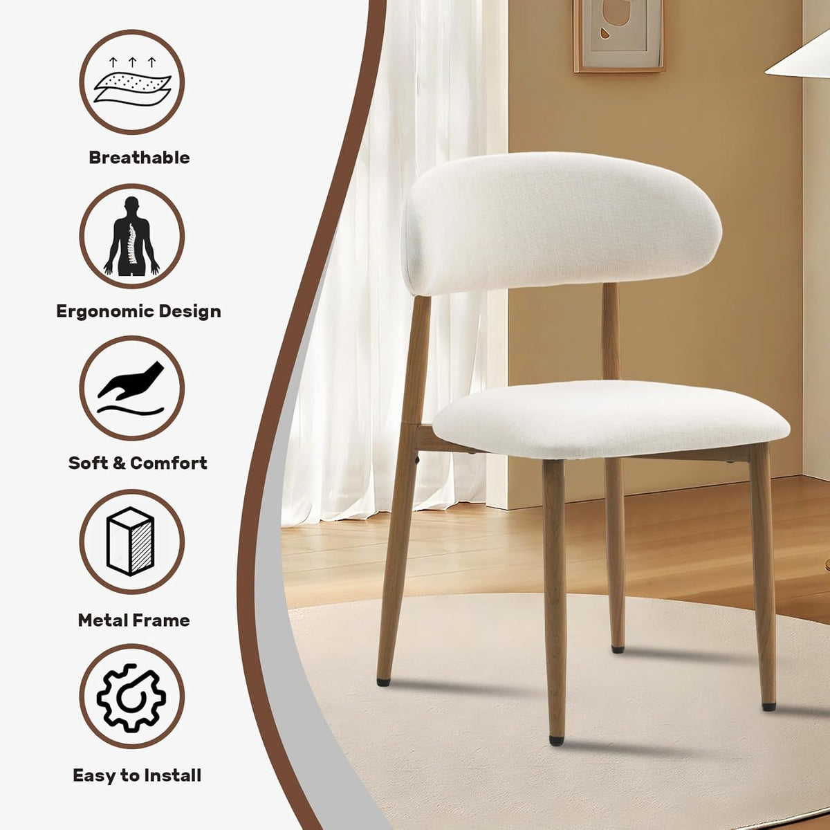 UVV Dining Chairs Set of 4, Metal Kitchen Chairs with Modern Fabric Upholstered for Dining Room, Beige