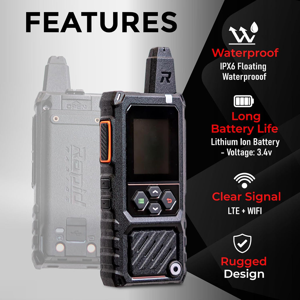 Rapid Radios RAD1– 2-Pack Waterproof Rugged LTE + Wi-Fi Rapid Radio – Nationwide Push-to-Talk Communication, IPX6 Weatherproof, Long Battery Life, Paging & Group Talk, No Monthly Fees