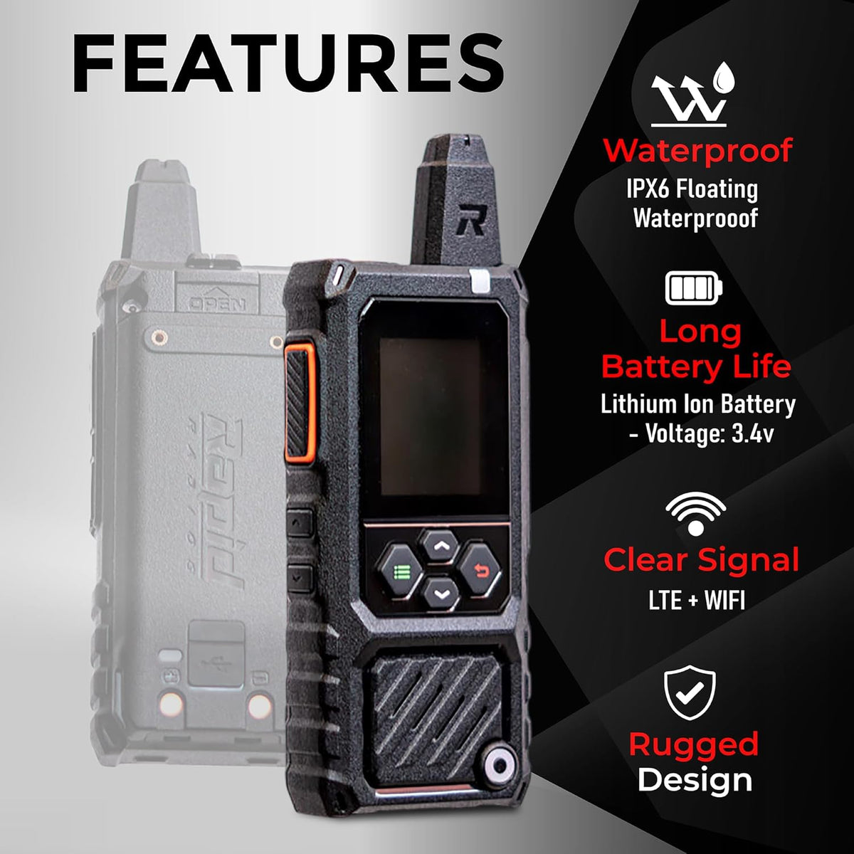 Rapid Radios RAD1– 2-Pack Waterproof Rugged LTE + Wi-Fi Rapid Radio – Nationwide Push-to-Talk Communication, IPX6 Weatherproof, Long Battery Life, Paging & Group Talk, No Monthly Fees