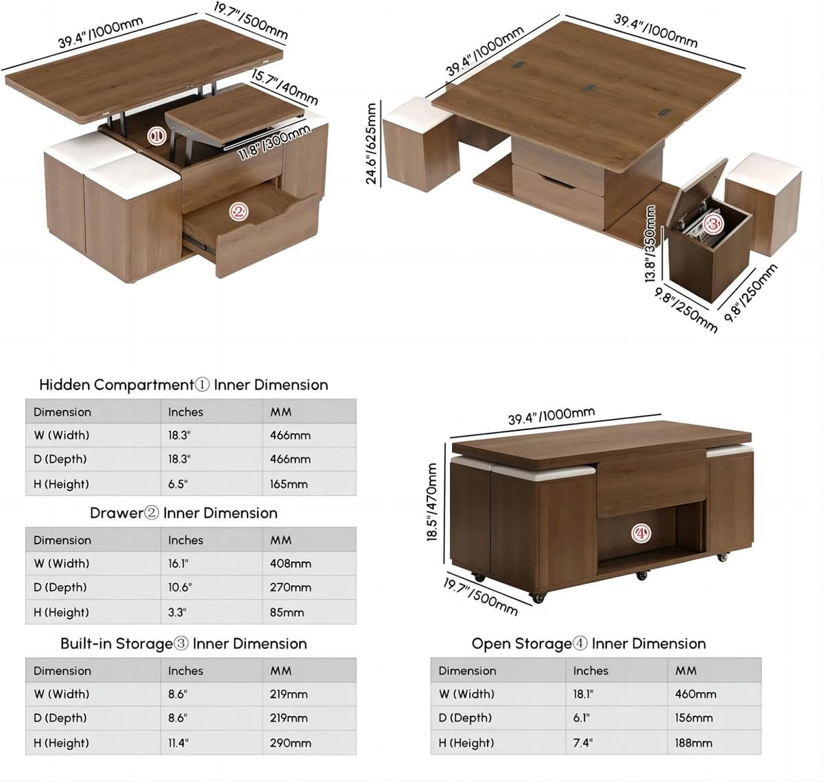 homary Lift-Top Coffee Table with Hidden Storage, 3-in-1 Modern Folding Center Table with 4 Stools, Casters, and Lockable Wheels – Convertible Dining & Office Table for Living Room (Walnut)