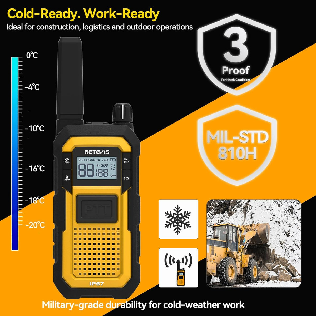 Retevis RB48 IP67 Waterproof Walkie Talkies Long Range, MIL-STD-810H Heavy Duty Two Way Radio, Rugged & Large Front PTT, Vibration Alert, NOAA, Floating, for Construction Job Site (4 Pack) Yellow