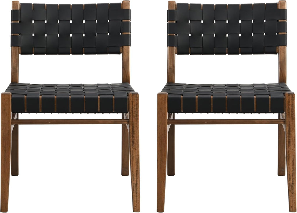 Christopher Knight Home Set of 2 Indoor Rubberwood Frame Armless Dining Chairs, Seating and Backrest with Rope Weave by PU/Faux Leather, for Dining Room Kitchen, Restaurant, Party, Walnut and Black