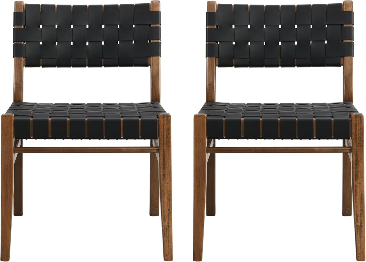 Christopher Knight Home Set of 2 Indoor Rubberwood Frame Armless Dining Chairs, Seating and Backrest with Rope Weave by PU/Faux Leather, for Dining Room Kitchen, Restaurant, Party, Walnut and Black