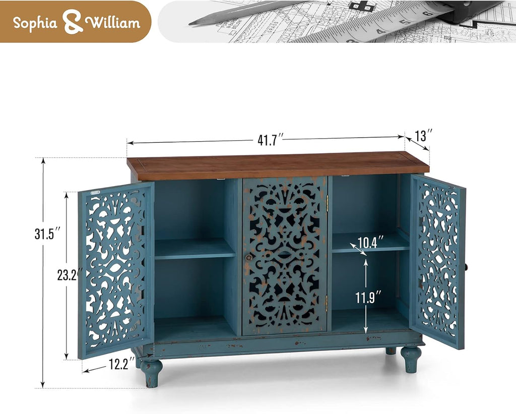 Sophia & William Sideboard Buffet Credenza Cabinet, 3-Door Hollow-Carved Accent Cabinet, Distressed Sideboard Storage Cabinet with Wood Veneer for Kitchen, Living Room, Dining Room, Entryway, Blue | 3-Door