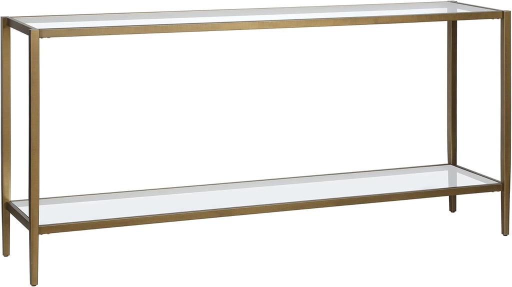 Henn&Hart 64" Wide Rectangular Console Table with Glass Shelf in Brushed Brass, Entryway Table, Accent Table for Living Room, Hallway