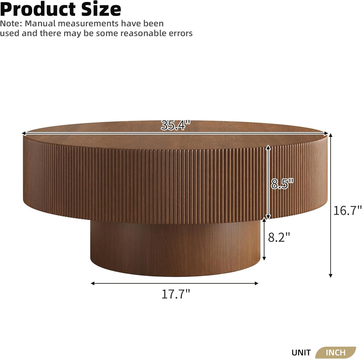 Merax Modern 35.4 Inch Round Large Coffee Table with Sturdy Base, Wood Minimalist Fluted Center Table for Living Room Reception Room, Easy Assemble, Walnut