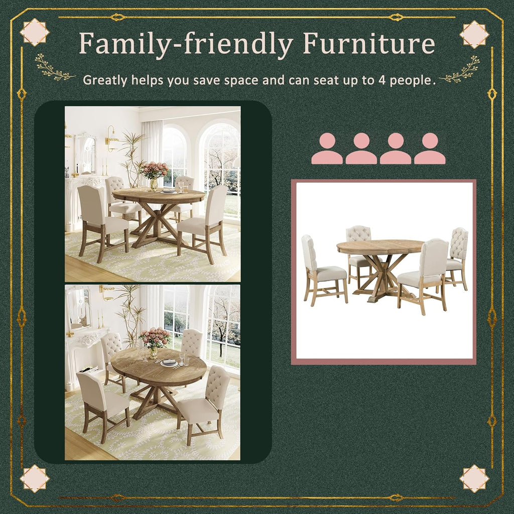 Bellemave Extendable Dining Table Set for 4, 5-Piece Round Table Set with 4 Chairs, Circle Table with Upholstered Chairs, Oval Kitchen Table Set with Extendable Table (Natural Wood Wash)