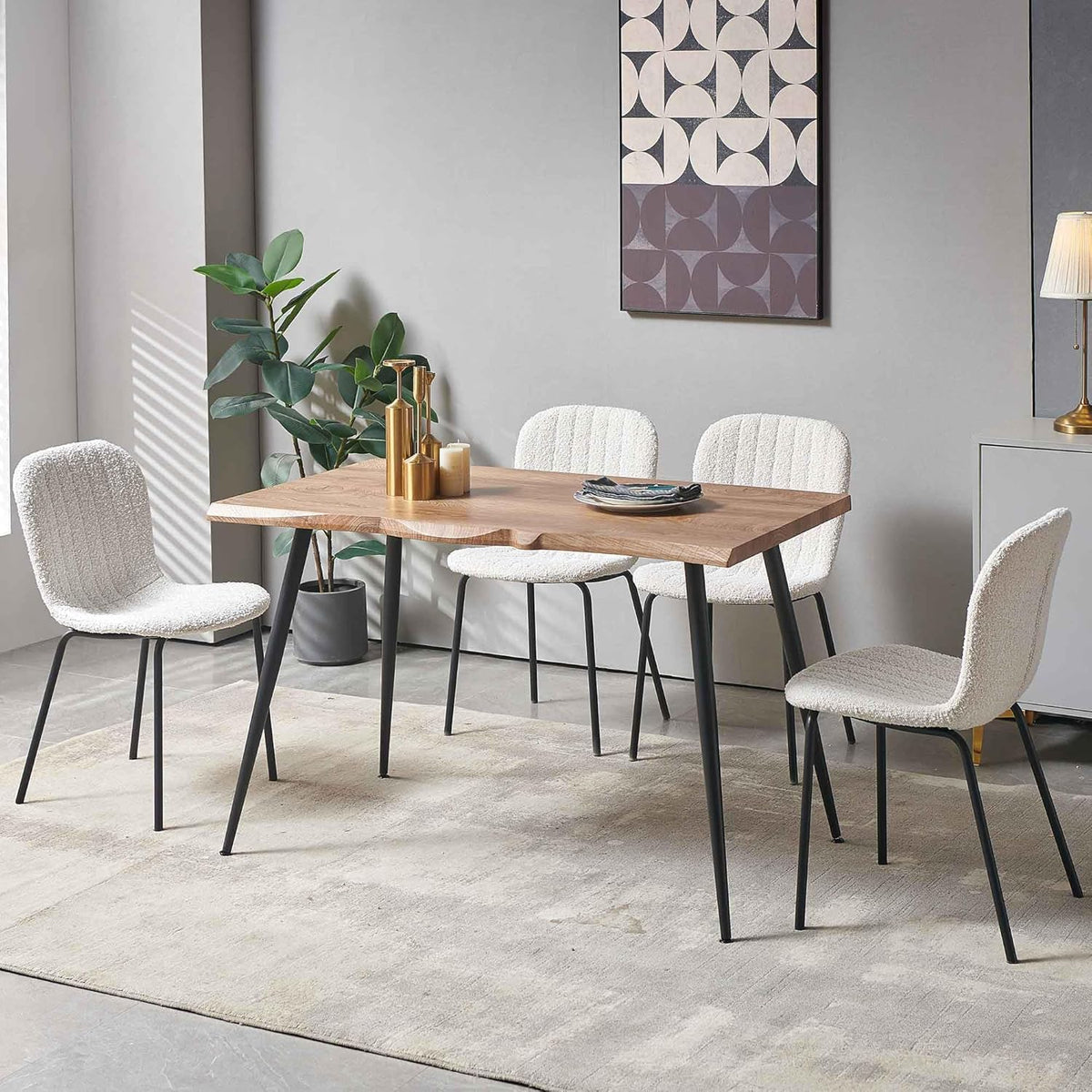 Dining Table Set for 4 with White Boucle Chairs, Mid-Century Modern Rectangle Coffee Table, Kitchen Table and Chairs Set of 4, Perfect for Small Apartment, Home, Dining Room, Breakfast Nook