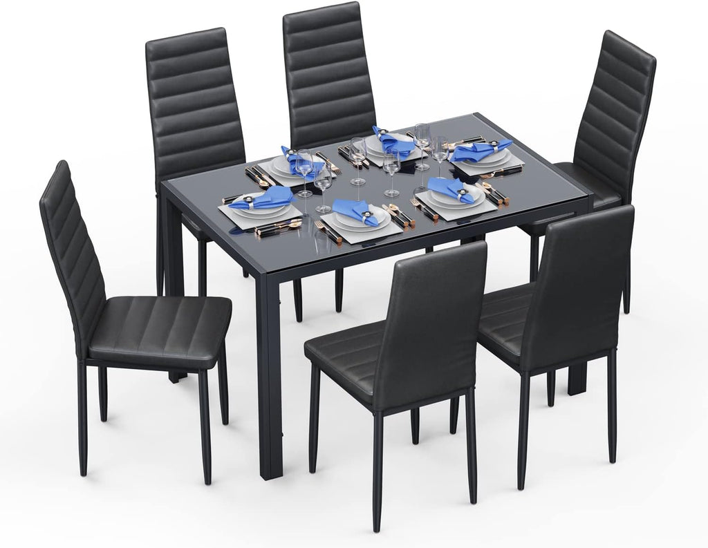 Gizoon Glass Dining Table Sets for 6, 7 Piece Kitchen Table and Chairs Set for 6 Person, PU Leather Modern Dining Room Sets for Home, Kitchen, Living Room