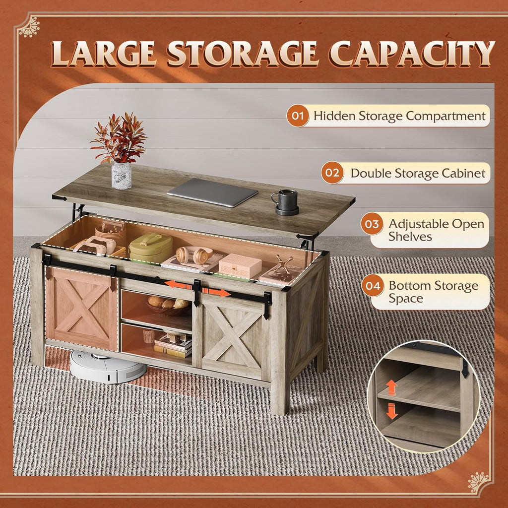 WLIVE 47.2" Farmhouse Lift Top Coffee Table with Sliding Barn Doors, Large Hidden Storage Compartment and Adjustable Shelf for Living Room,Office, Greige
