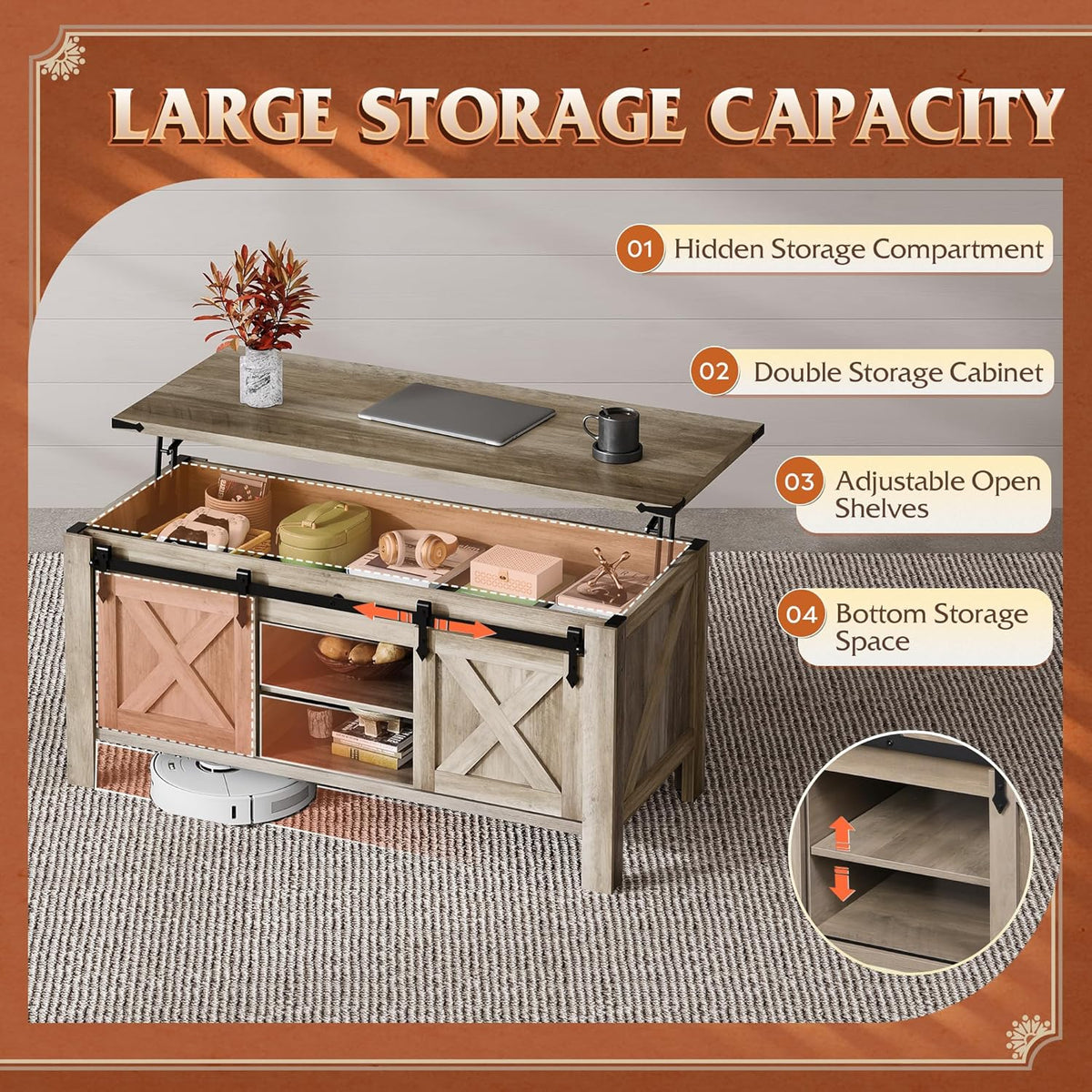 WLIVE 47.2" Farmhouse Lift Top Coffee Table with Sliding Barn Doors, Large Hidden Storage Compartment and Adjustable Shelf for Living Room,Office, Greige