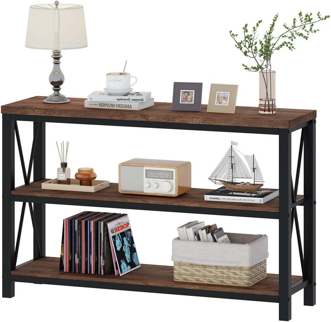 BON AUGURE Rustic Console Table Behind Couch, Industrial Entryway Table with Shelves, Farmhouse 3 Tier Sofa Tables for Living Room, Entry, Hallway (47 Inch, Rustic Oak)
